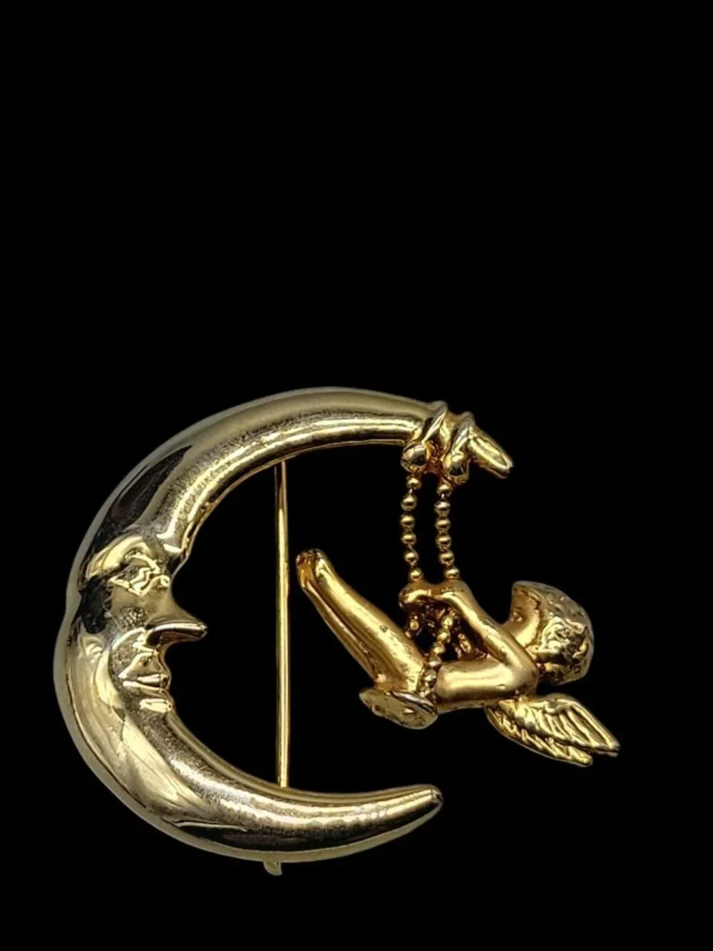 Vintage Danecraft Man on the Moon Brooch Cherub Angel Swinging Gold Tone